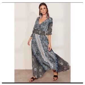 FREE PEOPLE Mexicali Rose Smocked Waist Maxi Dress Blue Size XS Boho Bohemian